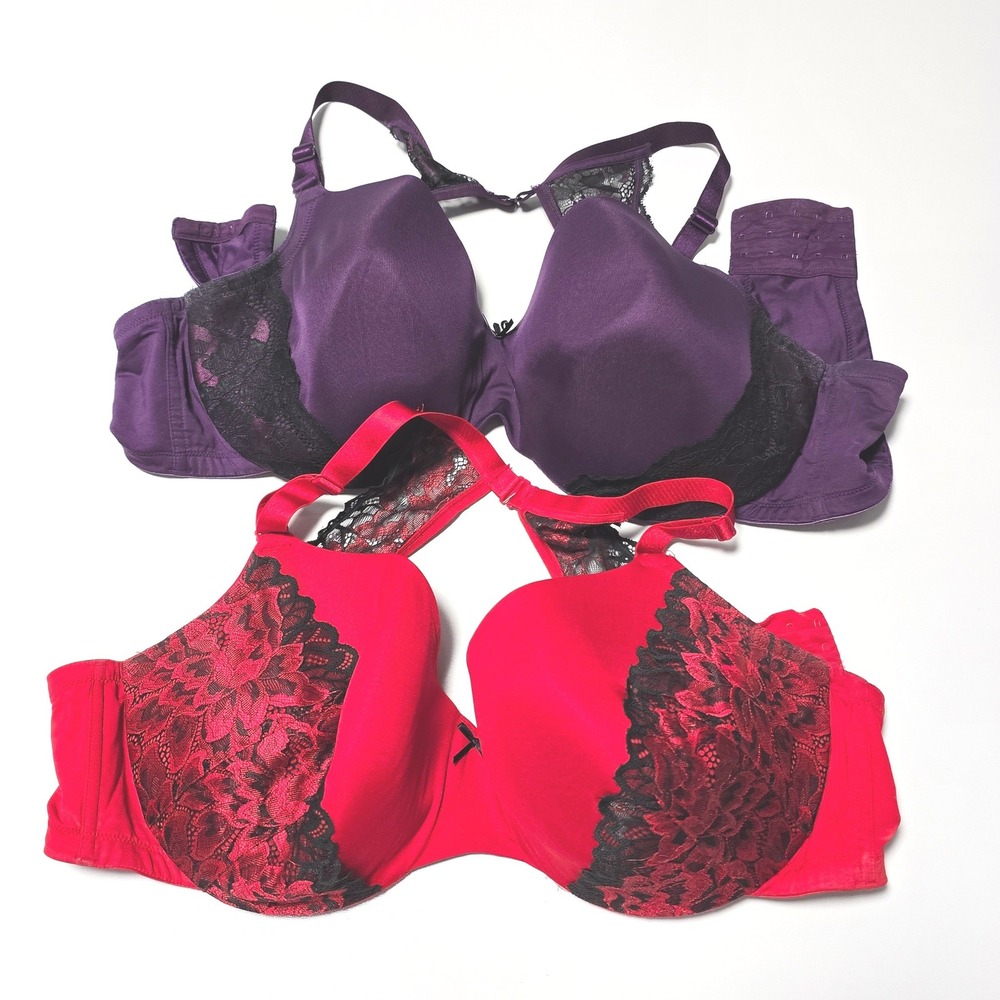 Cacique 2 Bundle Lace Trim Full Coverage Underwire Bras Red Purple 44DD